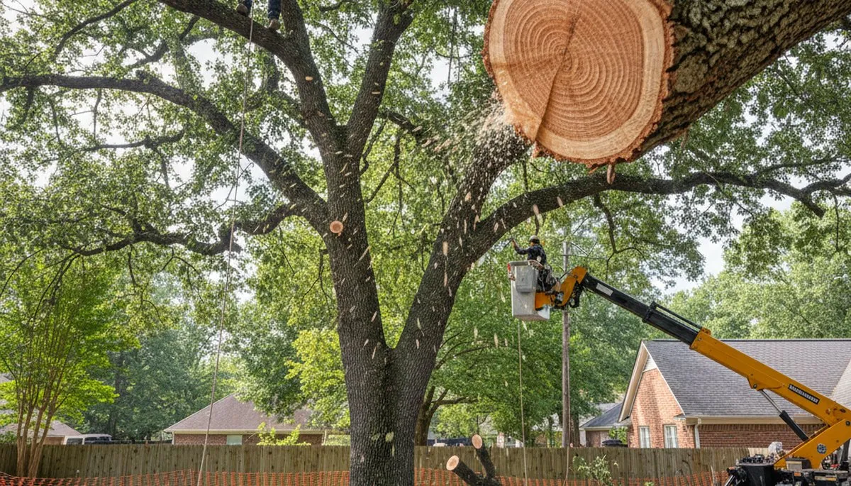 Arborist removing deadwood from mature tree in Albany, GA for safe, professional tree trimming service