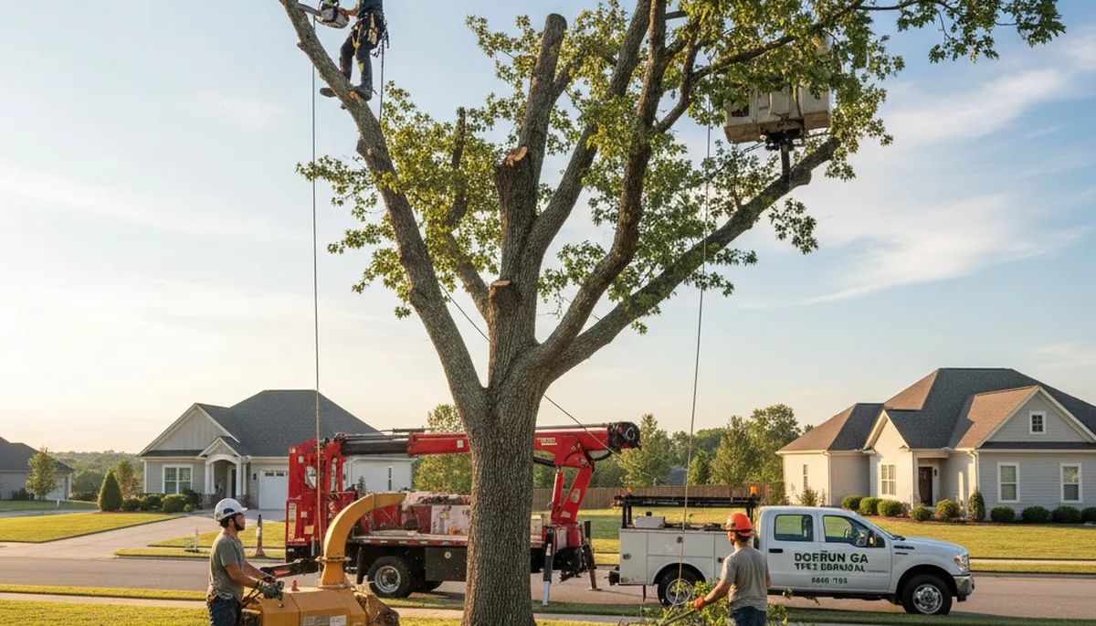 Professional tree removal service in Albany GA safely cutting and clearing large oak tree
